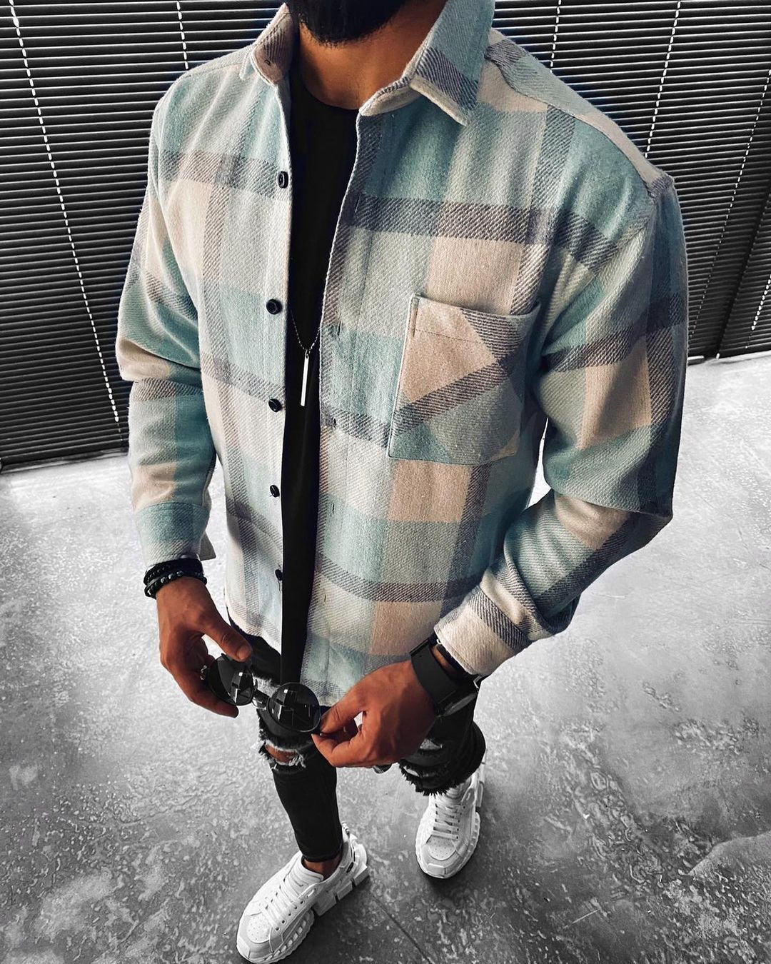 Casual Large Plaid Textured Button Long Sleeve Jacket