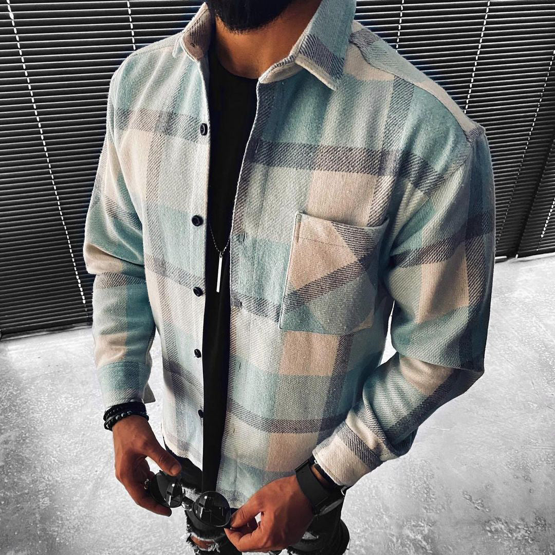 Casual Large Plaid Textured Button Long Sleeve Jacket
